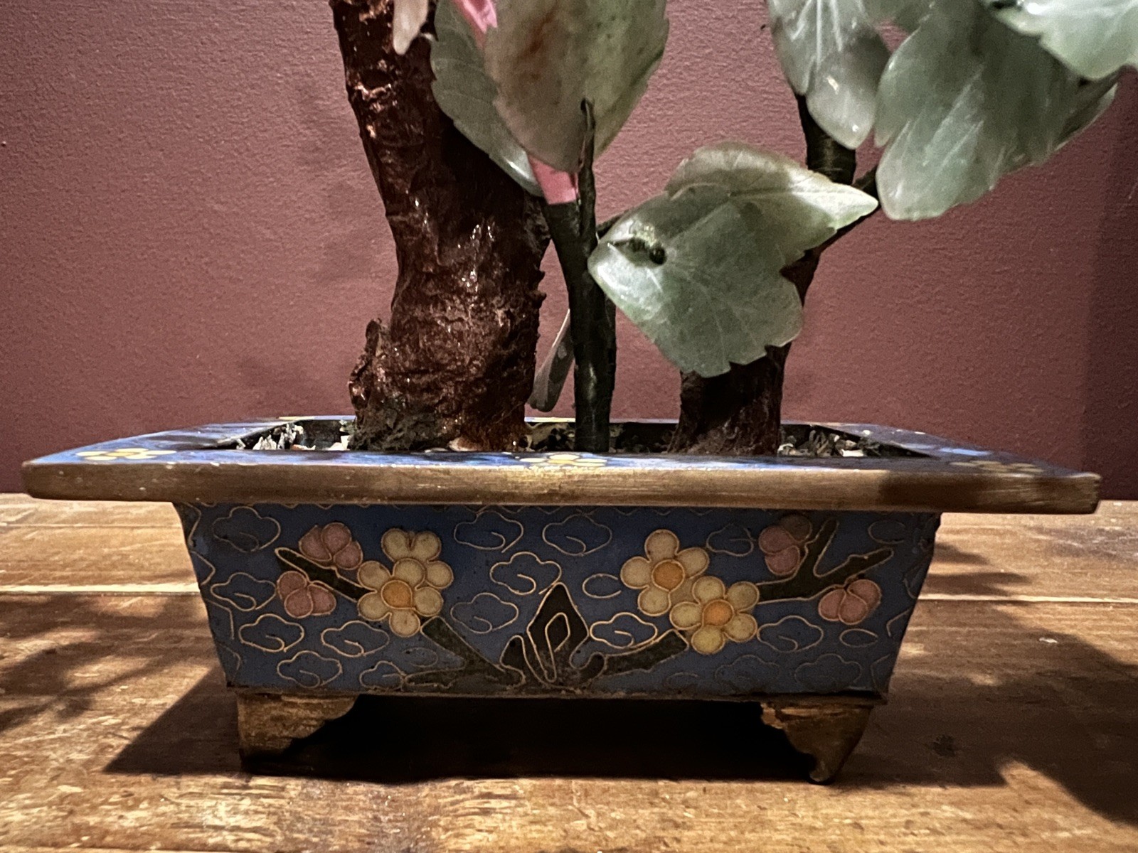 Vintage Chinese Jade Quartz Bonsai Trees In Cloisonne Pots