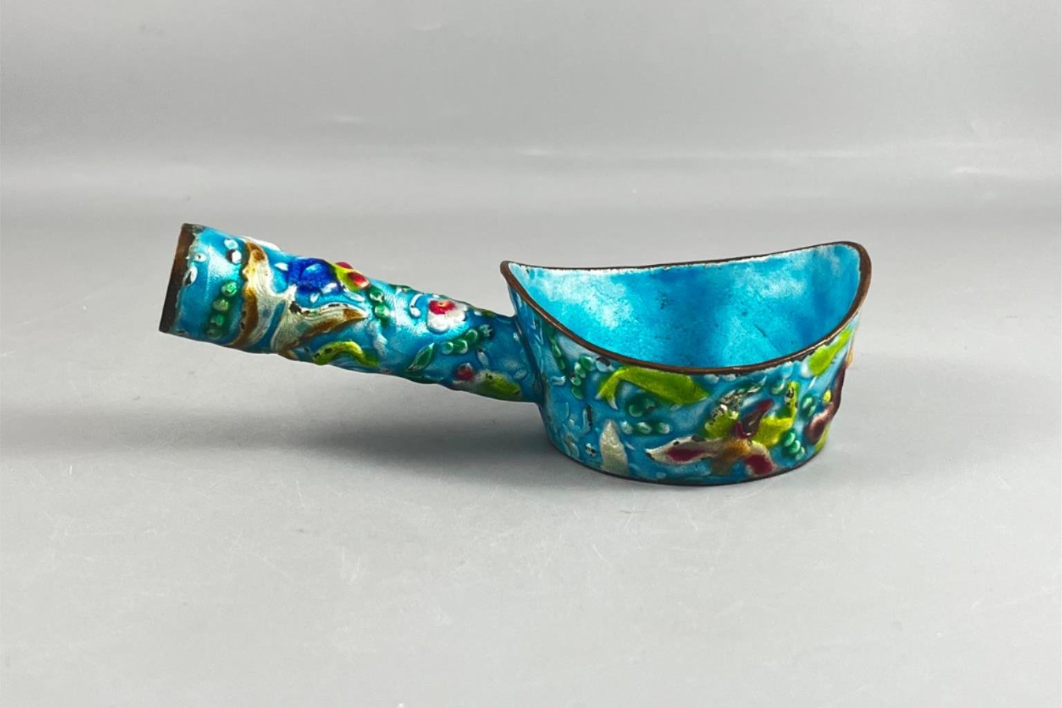 Vintage Chinese Enamel Cloisonne Painted Scoop Pan Silk Iron