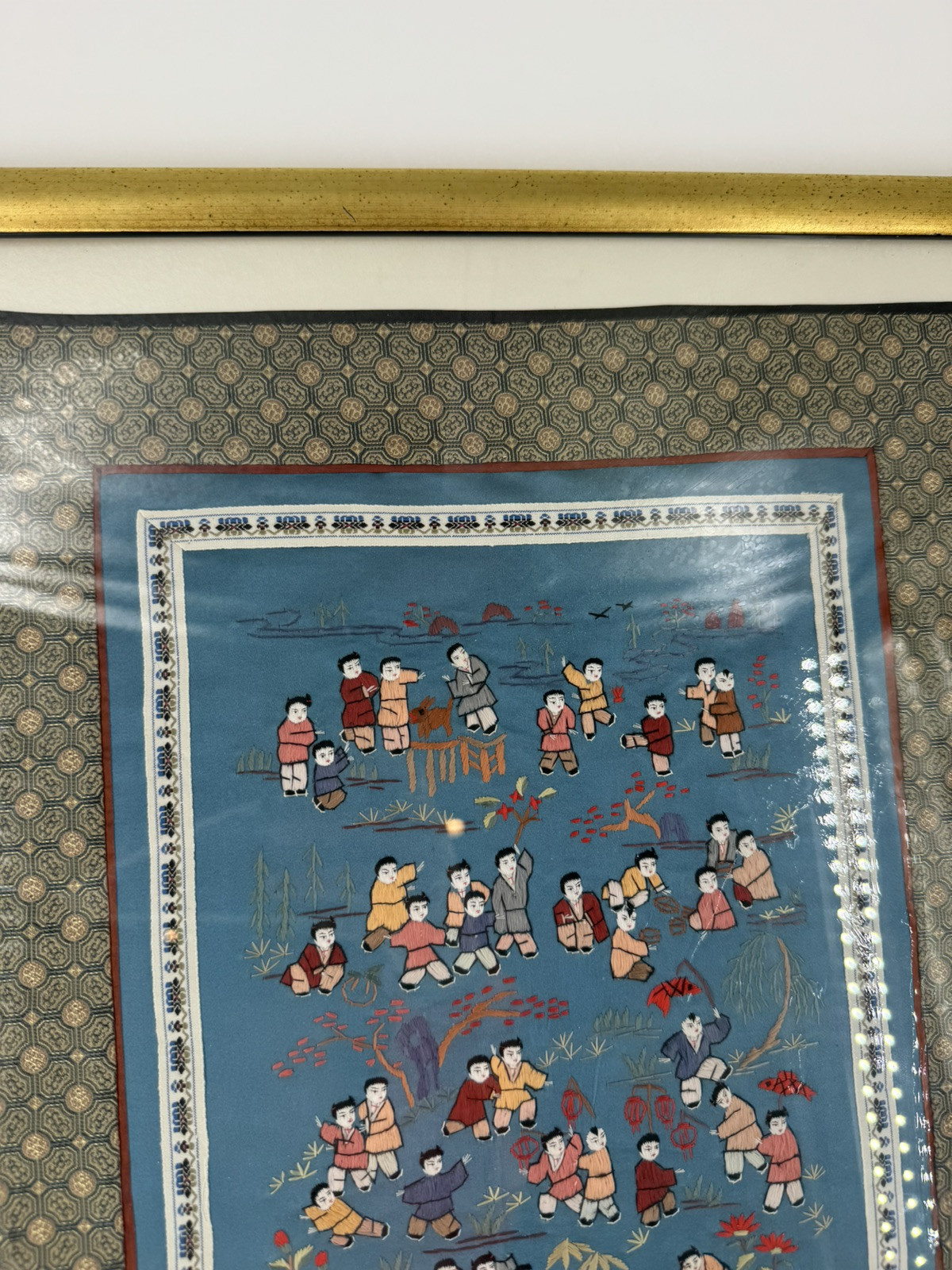 Chinese Silk Tapestry 100 Children At Play Embroidery Framed Art 16” x 29.5”