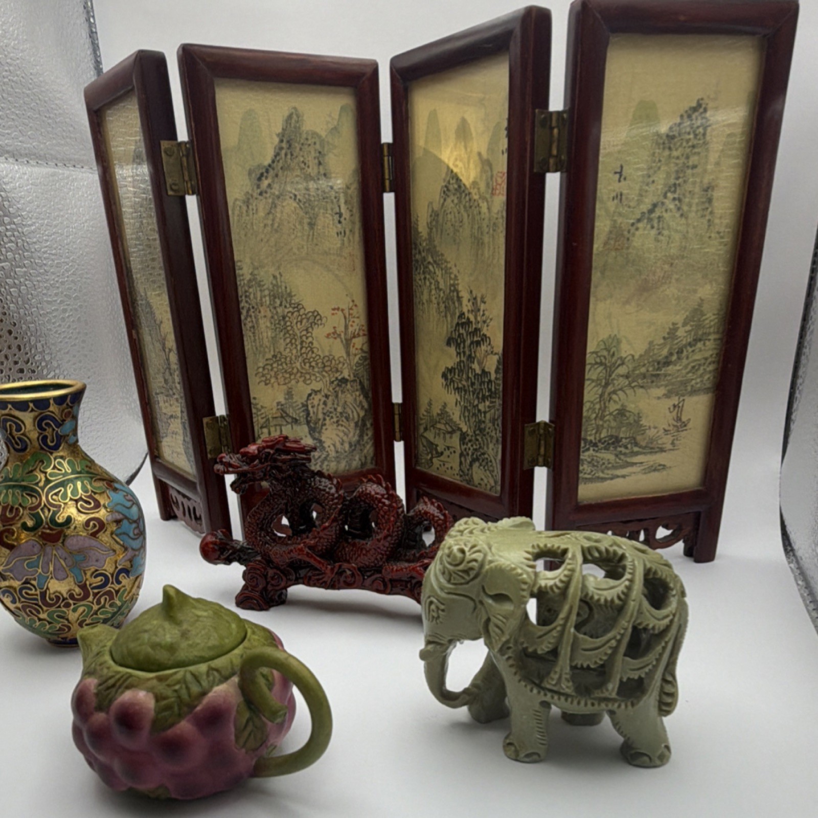 Antique Chinese Handmade Collectible Set: Vase, Teapot, Dragon, Elephant, Screen