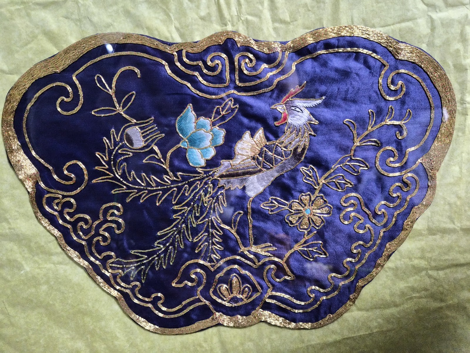 Vintage Golden Cloud Hand Embroidered Silk Art ft Rooster