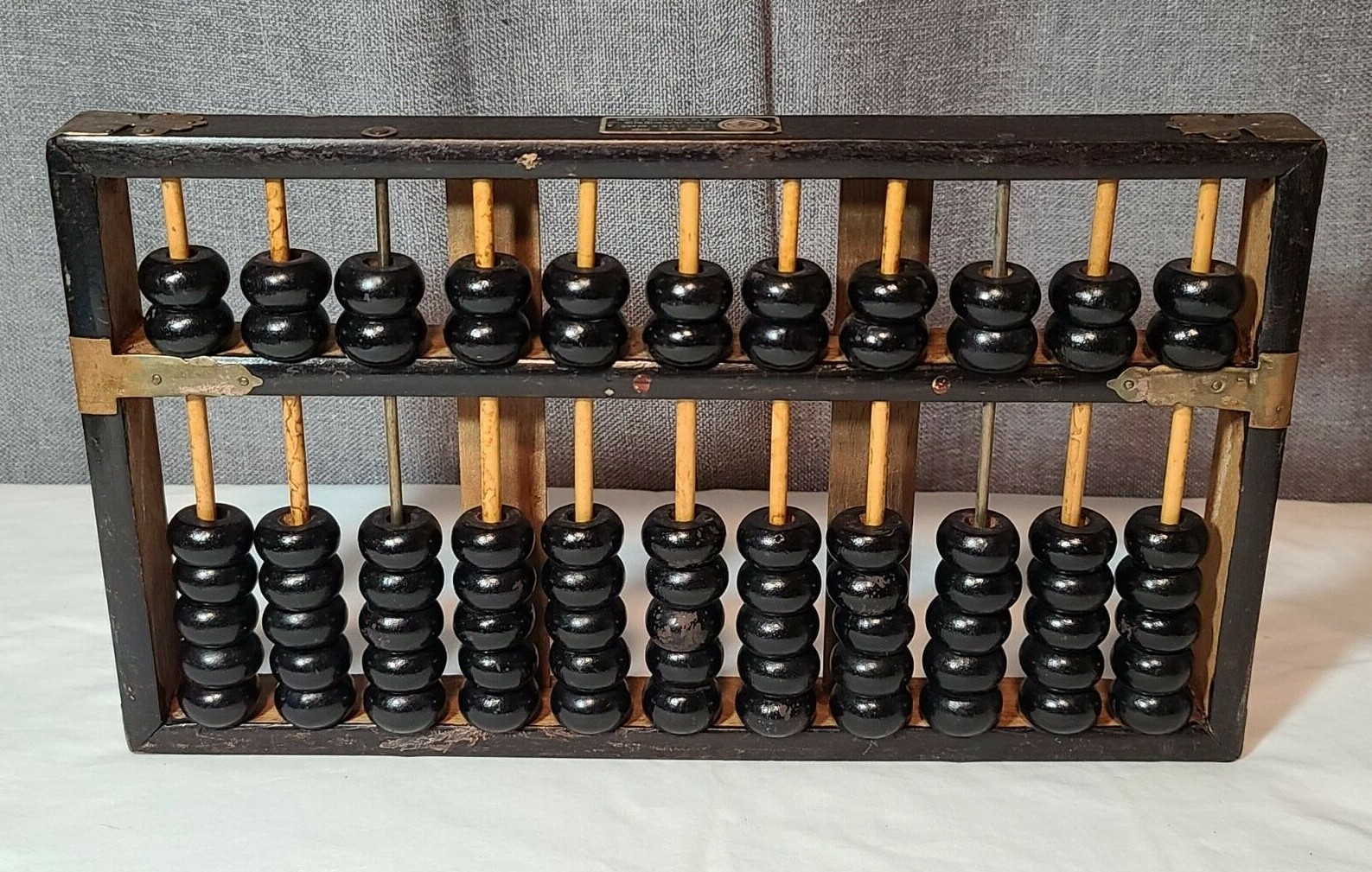 Vintage Chinese Lotus Flower Brand Abacus Wood Brass 11 Rows 77 Beads Original