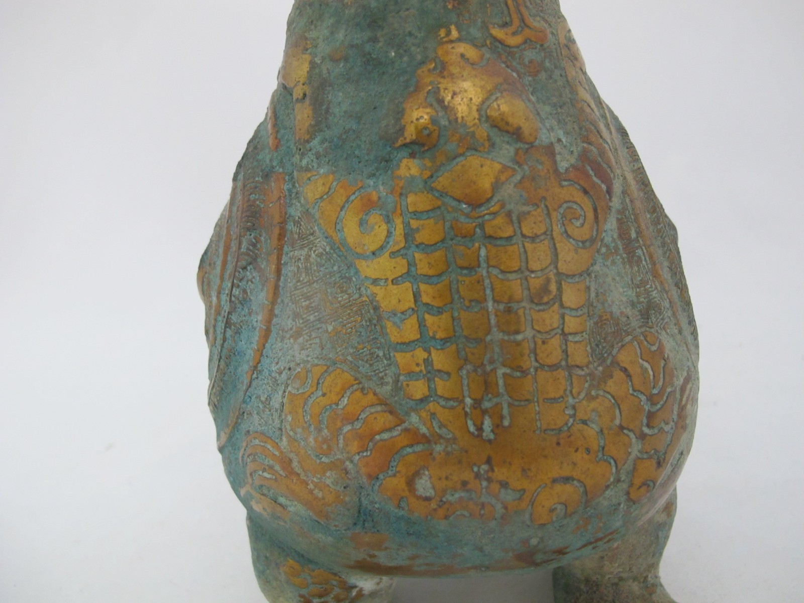CHINESE Archaic BIRD Bronze Ware Gold Toad Accent Ritual WINE Vessel Pitcher