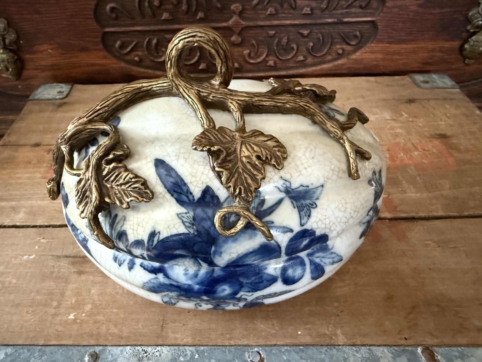 Vintage United Wilson Porcelain Lidded Bowl Blue & White w/ Brass Detailing