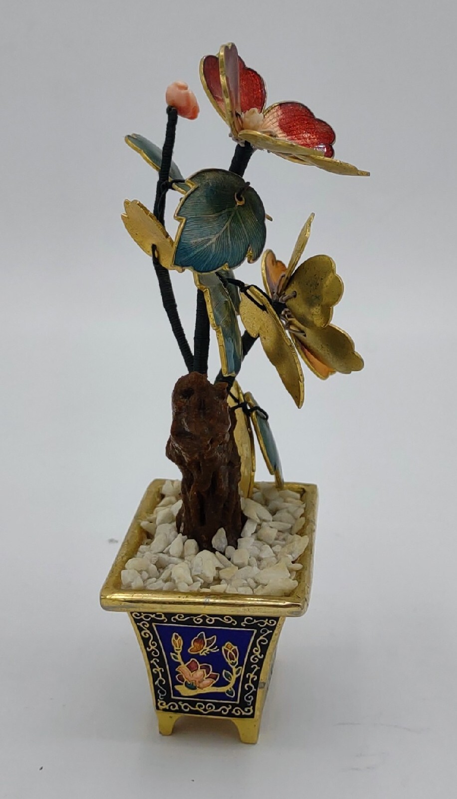 Vtg Oriental Guilloche Enamel Bonsai Tree Pink Coral Flowers Cloisonne Pot