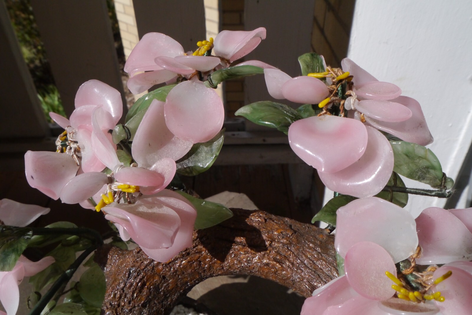 Jade Bonsai Tree Asian Chinese Japanese Art Glass Agate Pot Flowers VTG Dogwood?