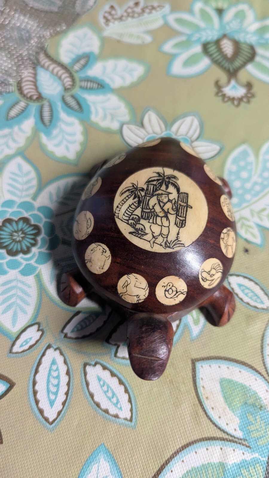 Vintage Carved Wood Turtle with Inlaid Chinese Zodiac Signs Opens to Compass