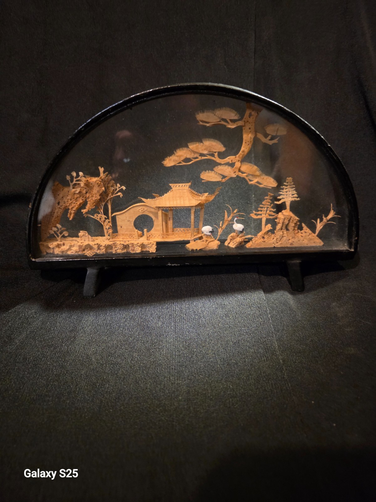 Vintage Chinese Cork Art Diorama Cranes Pagoda Trees Hand Carved in Glass Case