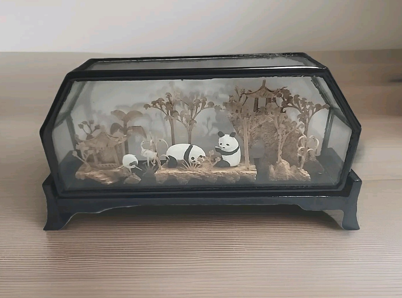 Vintage Hand Carved Cork Diorama Cranes, Panda, Pagoda Trees Art, Glass Case