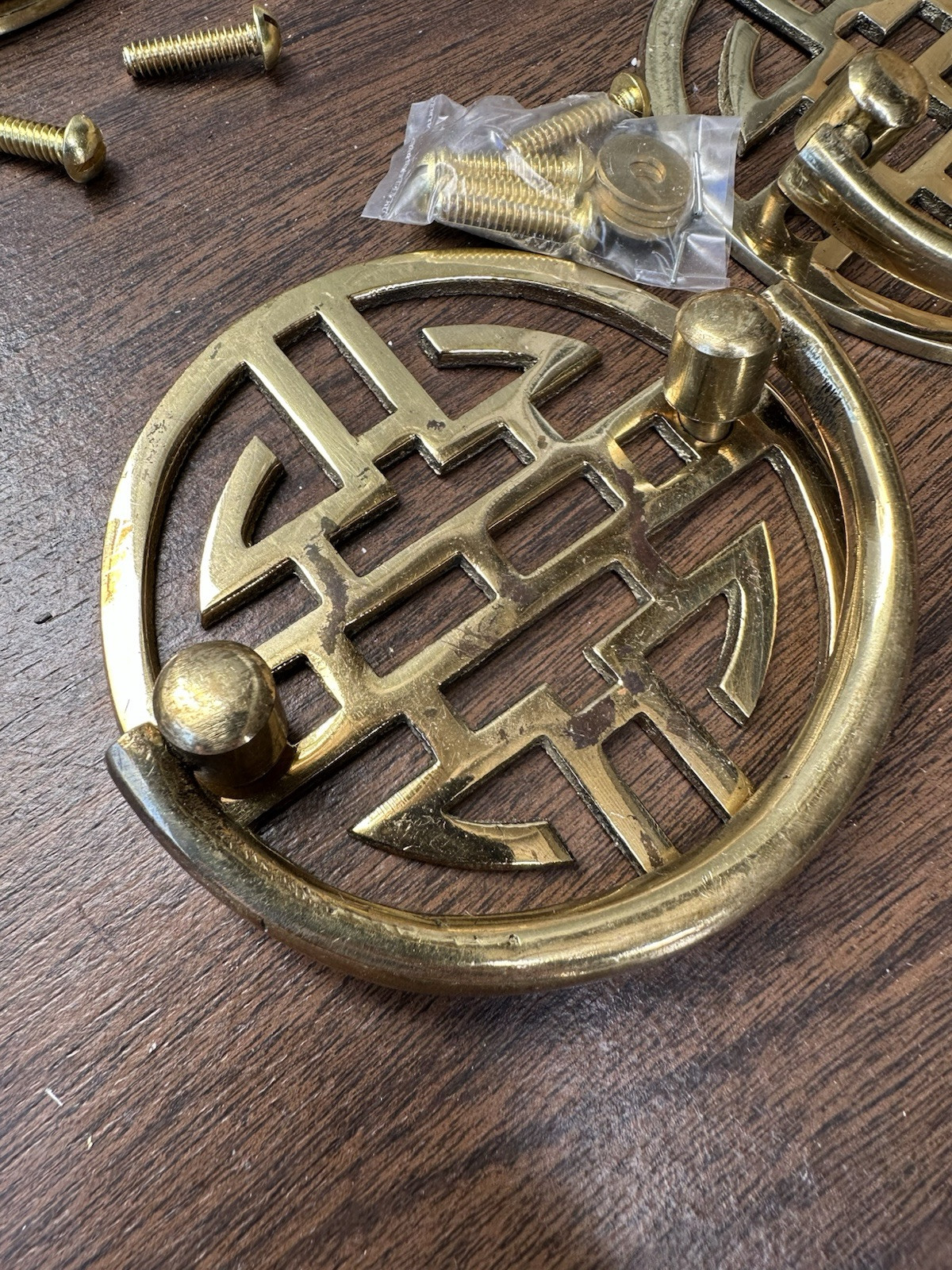 Vtg NOS Mid-Century 3.5” Solid Brass Chinoiserie Drawer Pull Door Knocker 12 Set
