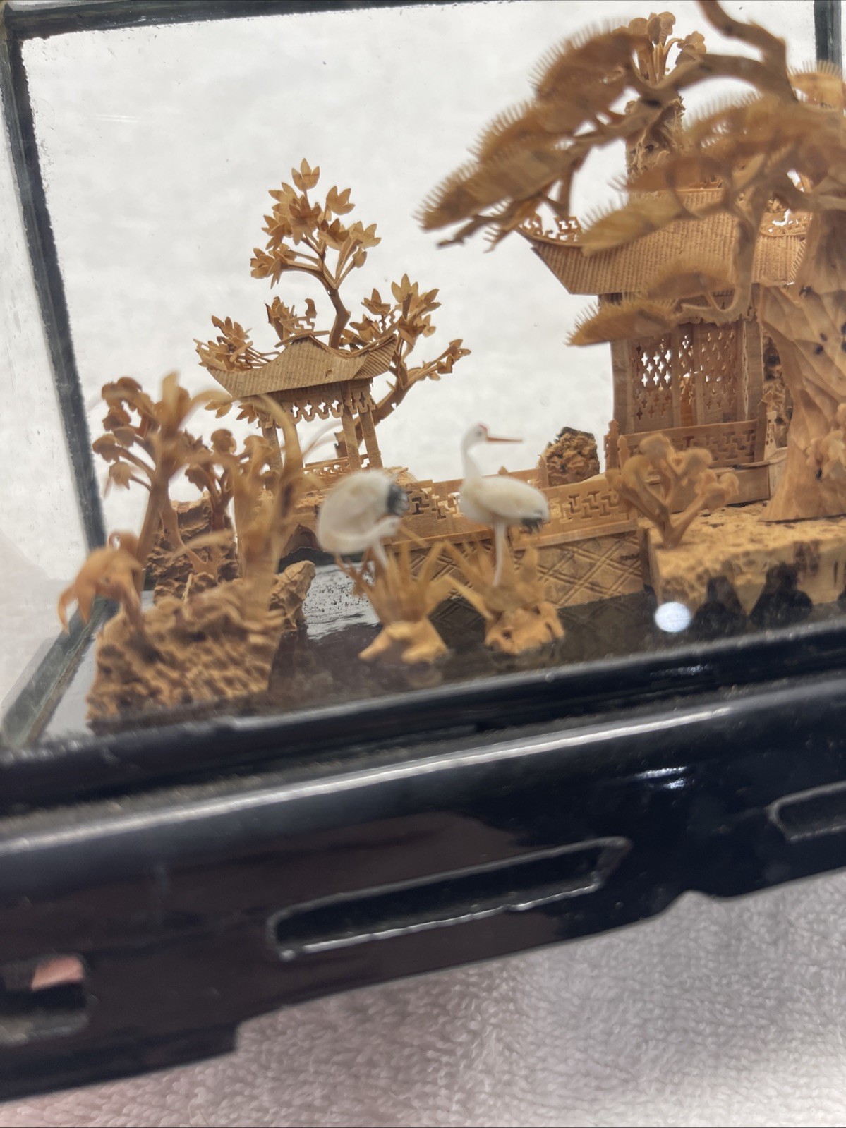 Vintage Small Chinese Hand Carved Cork Art w/ Storks & Pagoda Scene 3D Diorama