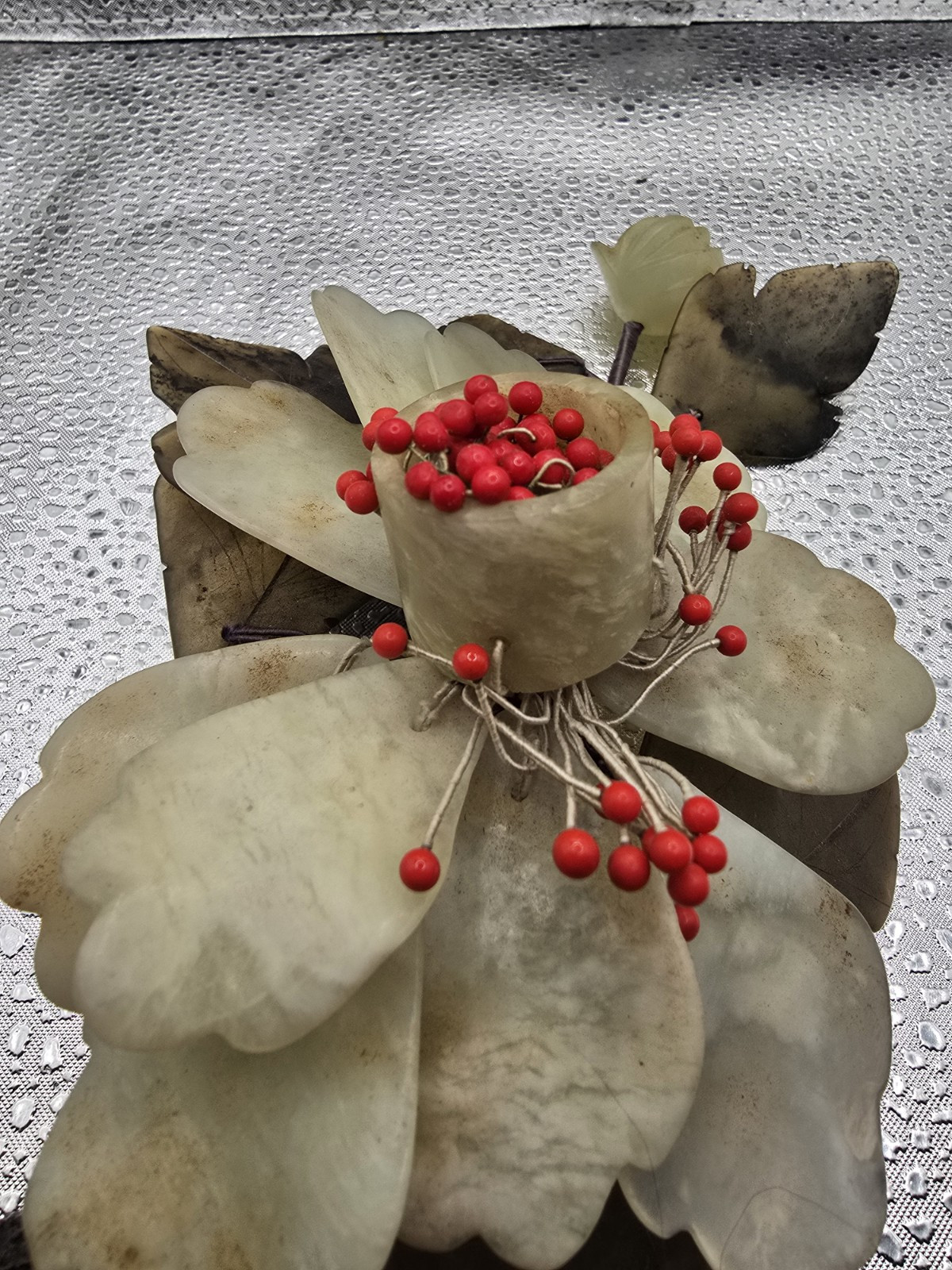 Vintage Antique Chinese Carved Stone Jade Flowers Leaves