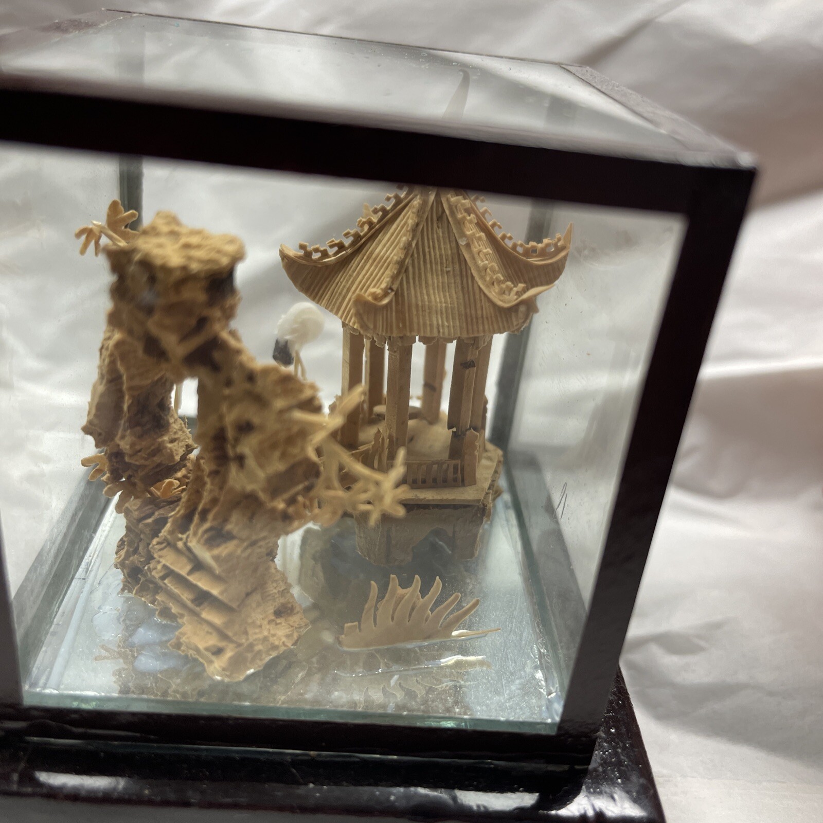 Vintage Chinese Micro Wood/Cork Carving Pagoda Trees Arbor Cranes/Original Box