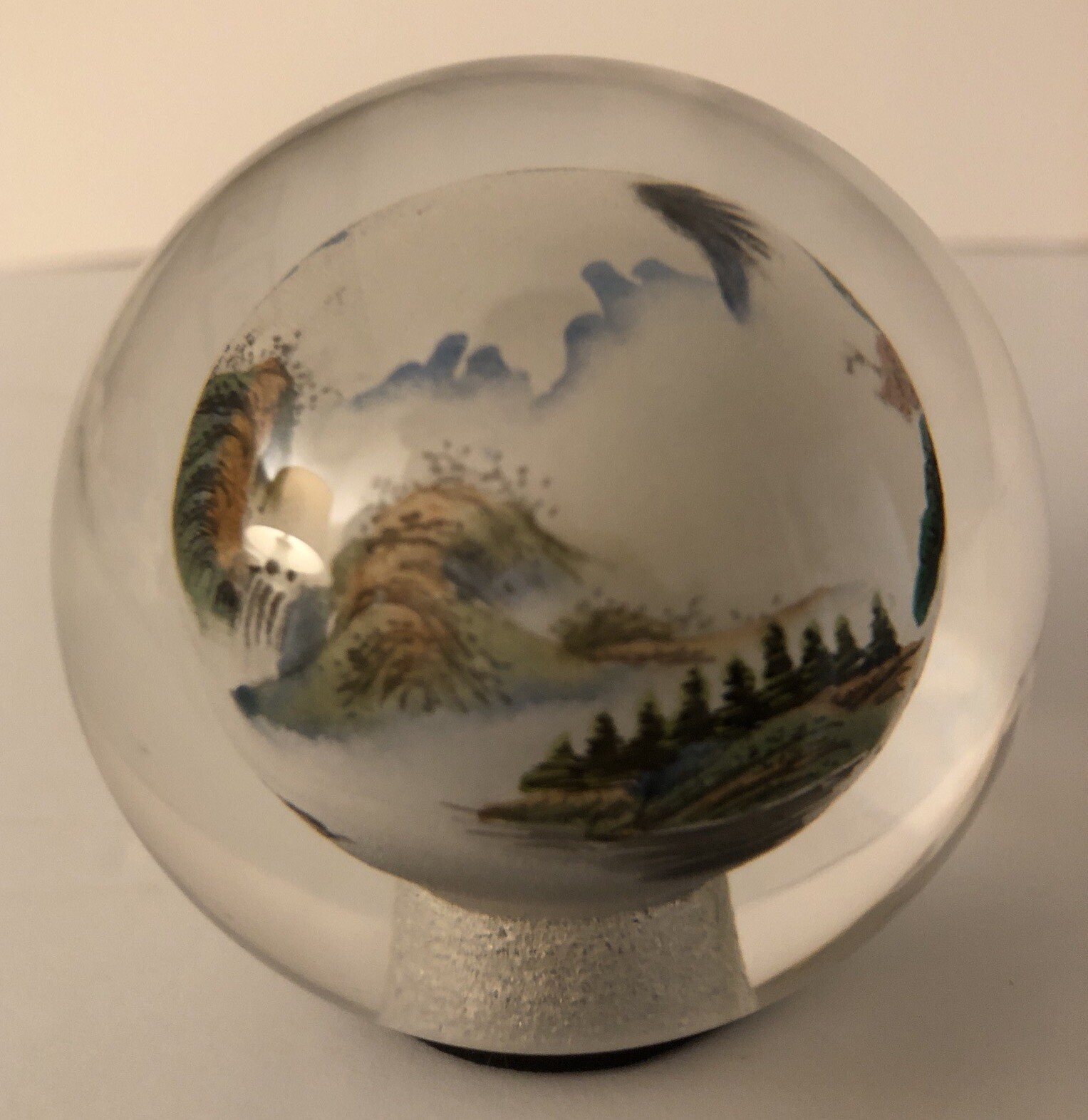 VTG Reverse Painted Glass Ball Sphere Paperweight Oriental Mountain Scene 2”x2”