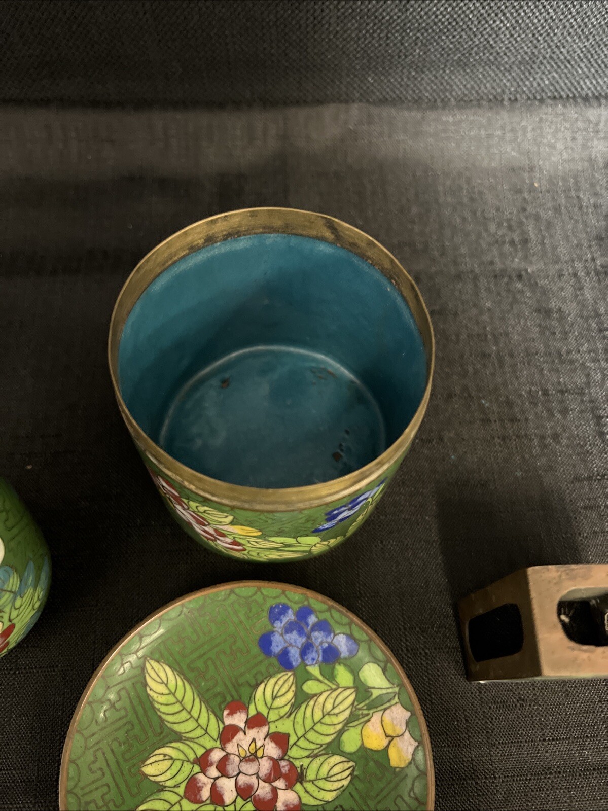 5pc Vintage Chinese Lidded Cigarette, Matches & Ashtray Cloisonné Green Enamel