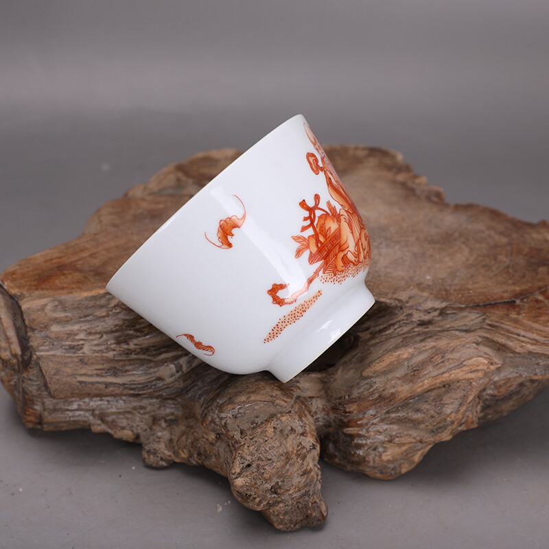 3.6″ Collect China Qing Porcelain Alum Red Longevity God Deer/Bat Cup ‘玩玉’
