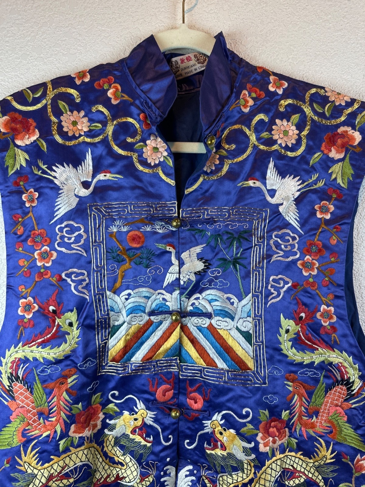 Vintage Dunhuang Fully Embroidered Chinese Dragon Crane Vest Blue M/L Oriental