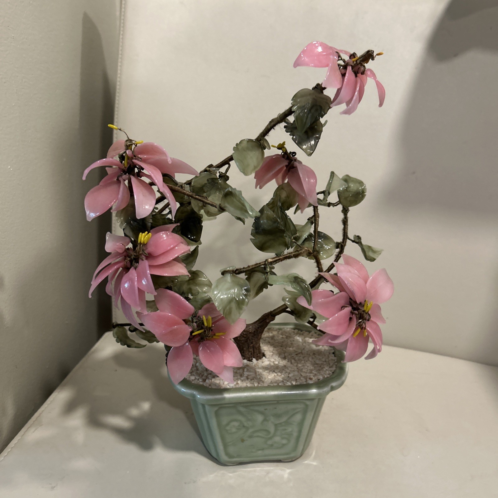 Vintage Large Asian Jade Glass Flowering Pink Cherry Blossom Bonsai Tree Decor