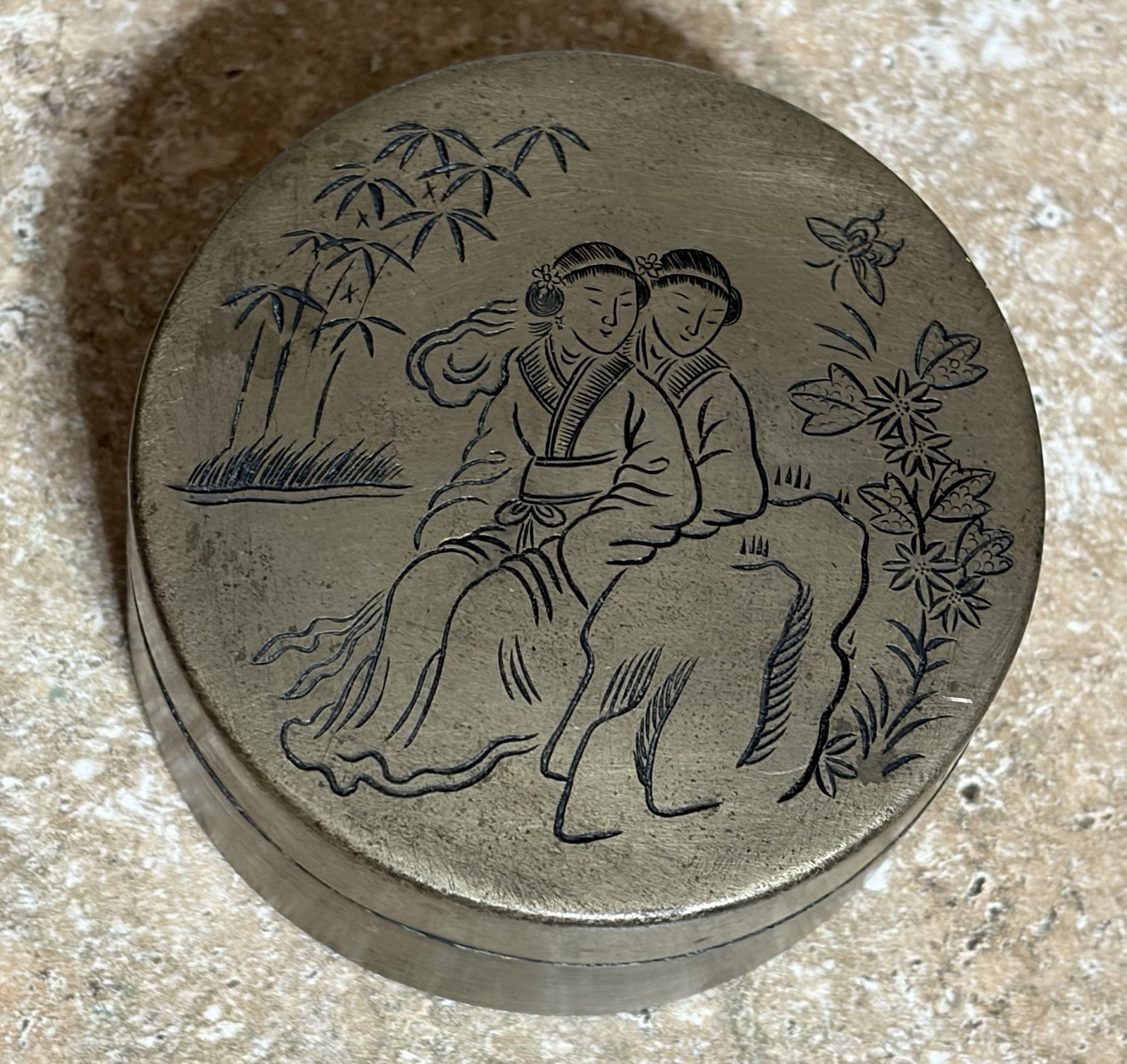 Chinese Paktong Brass Calligraphy Ink Round Box Engraved Top Signed Bottom