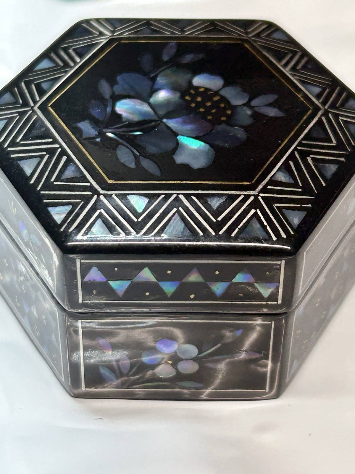 Vintage Hexagonal Mother of Pearl Inlay Lacquer Box Floral Geometric