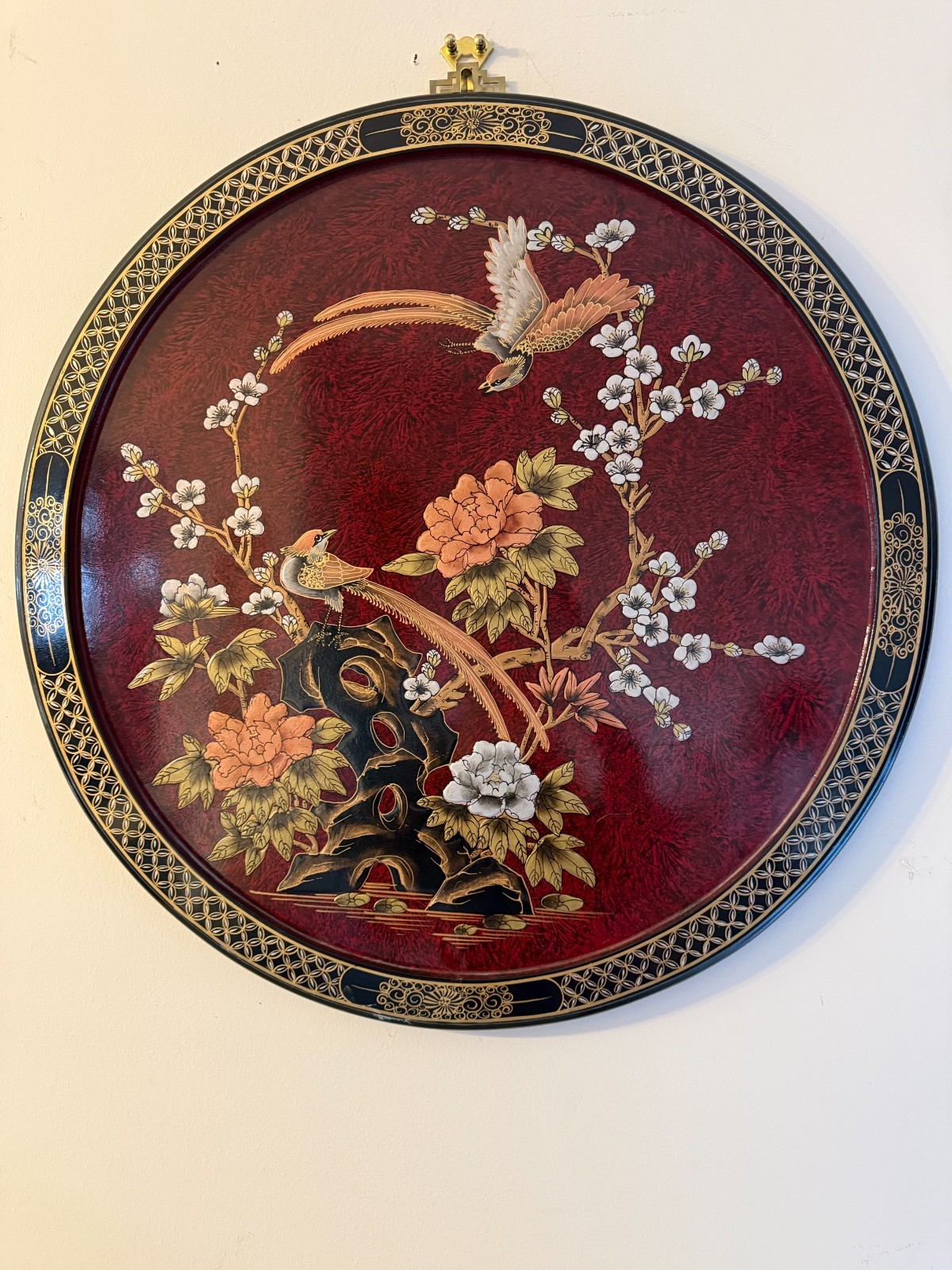 Elegant Vintage/Antique Chinese Inlaid Mother of Pearl Lacquer Wood wall plaque