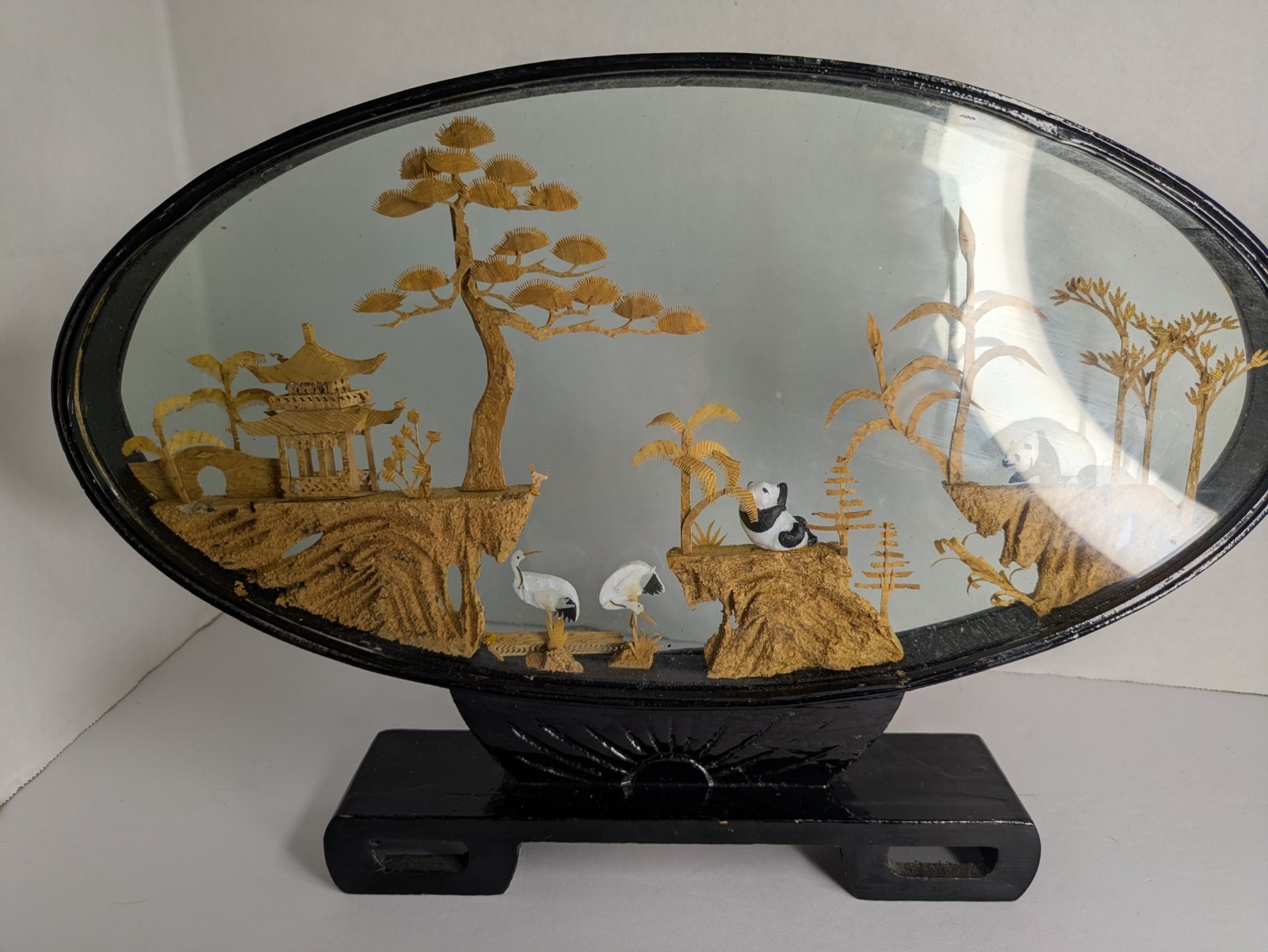 Vintage Chinese Cork Carving Diorama Encased Hand Carved Wood Pagoda Panda Bears