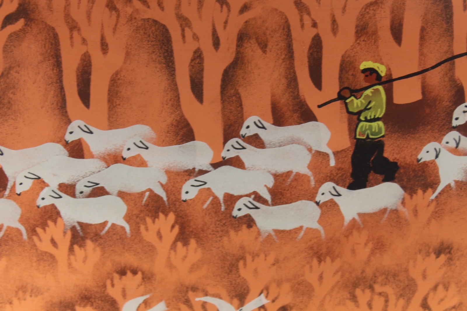 Vintage Chinese Asian Mid Century Modern Print Signed Sheep Herder Gold Frame
