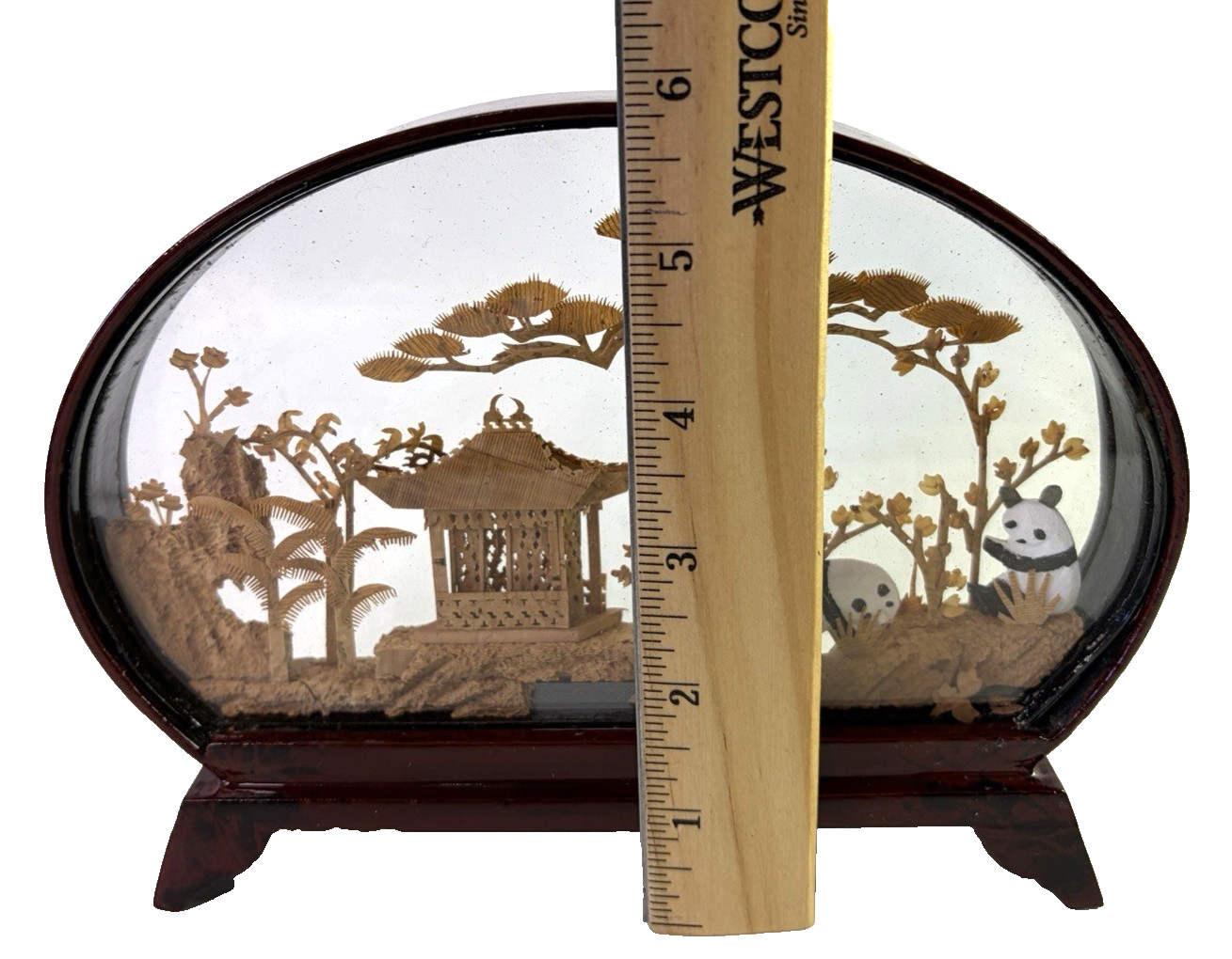 Chinese Carved Cork Art Diorama Pandas Pagoda Bamboo Trees VTG 8″