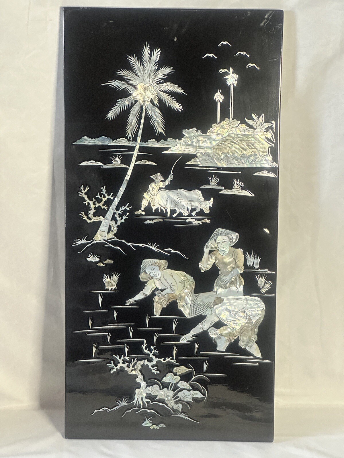 Chinese Wall Art Mother Of Pearl On Black Lacquerware 23.58” Tall 11 3/8” Wide