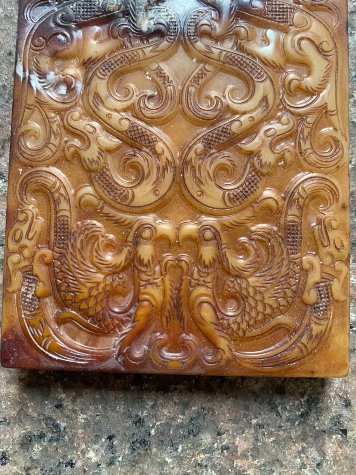 Large Chinese Old Hetian Jade Hand Carved Dragon & Phoenix W/Poem 2Faces Pendant