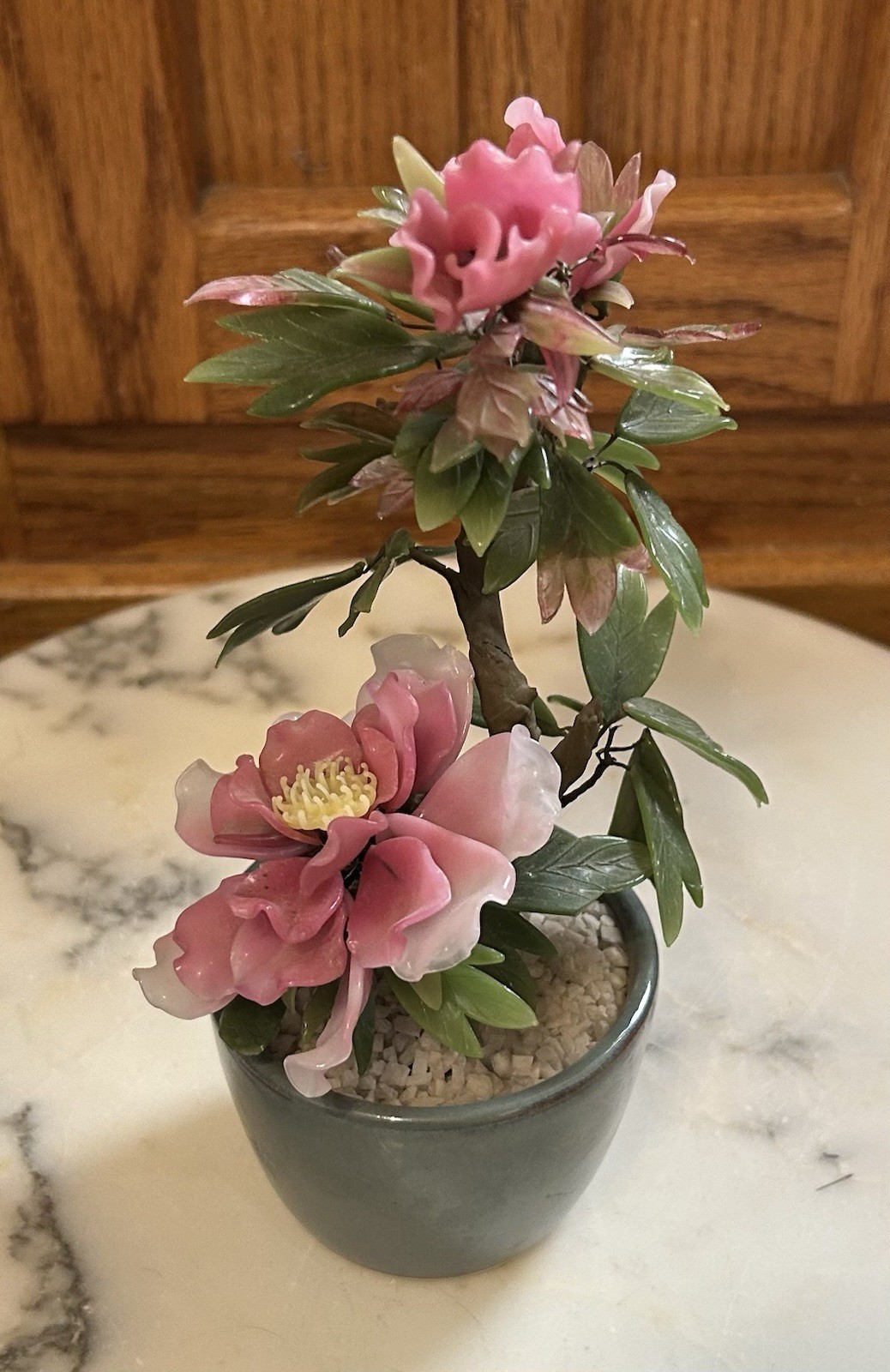 Vintage Chinese Jade Glass Leaves Pink Peony Flowers Bonsai Tree Green Celadon