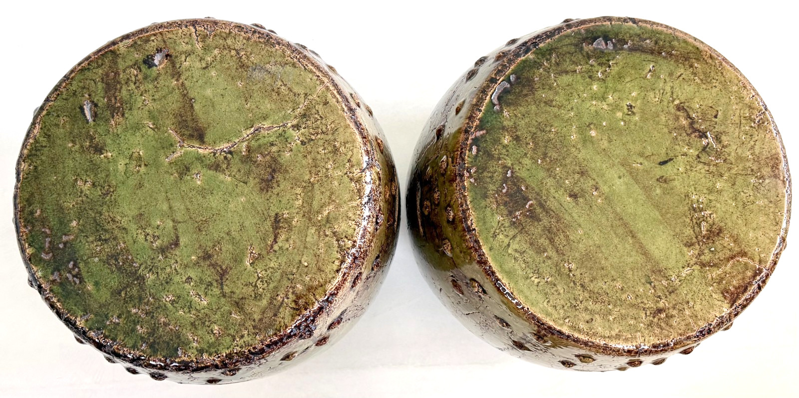 Late 20th-C Chinese Ming Style Glazed Heavy Ceramic Garden Drum Stool, a Pair