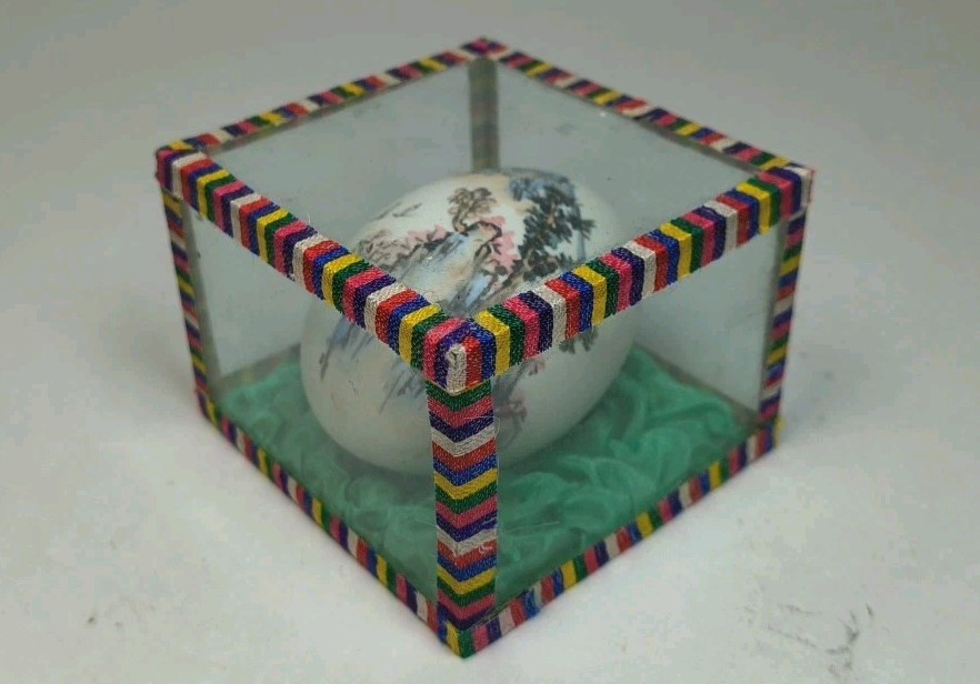 Vintage Hand Painted Egg Shell in Glass Display Box Asian Oriental Landscape