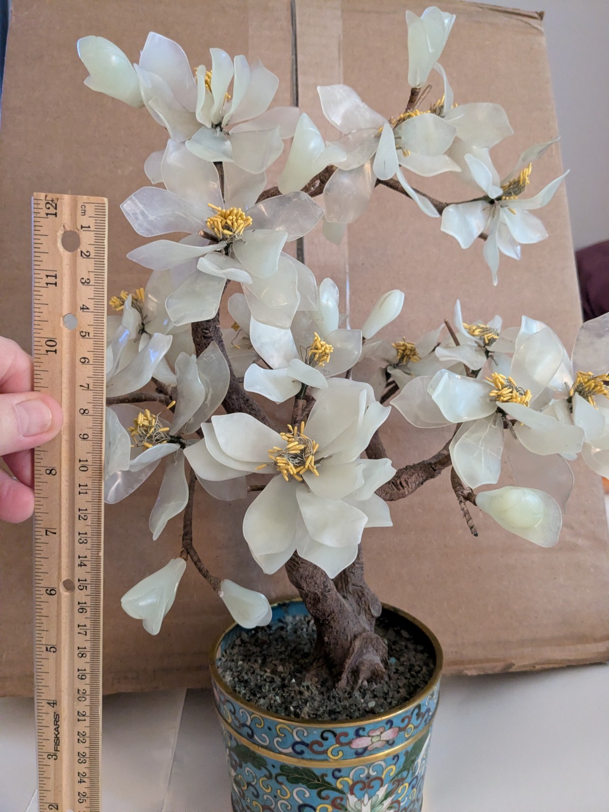 Vintage Chinese Asian Jade?Bonsai Tree White Blossom Cloisonne Floral Pot Stone