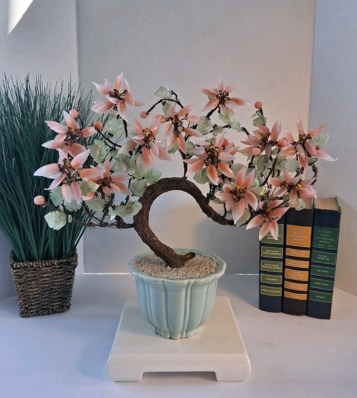 Vtg! XL Asian Bonsai Jade Glass & Coral Color Quartz Flowering Tree;14.5″x 13.0″