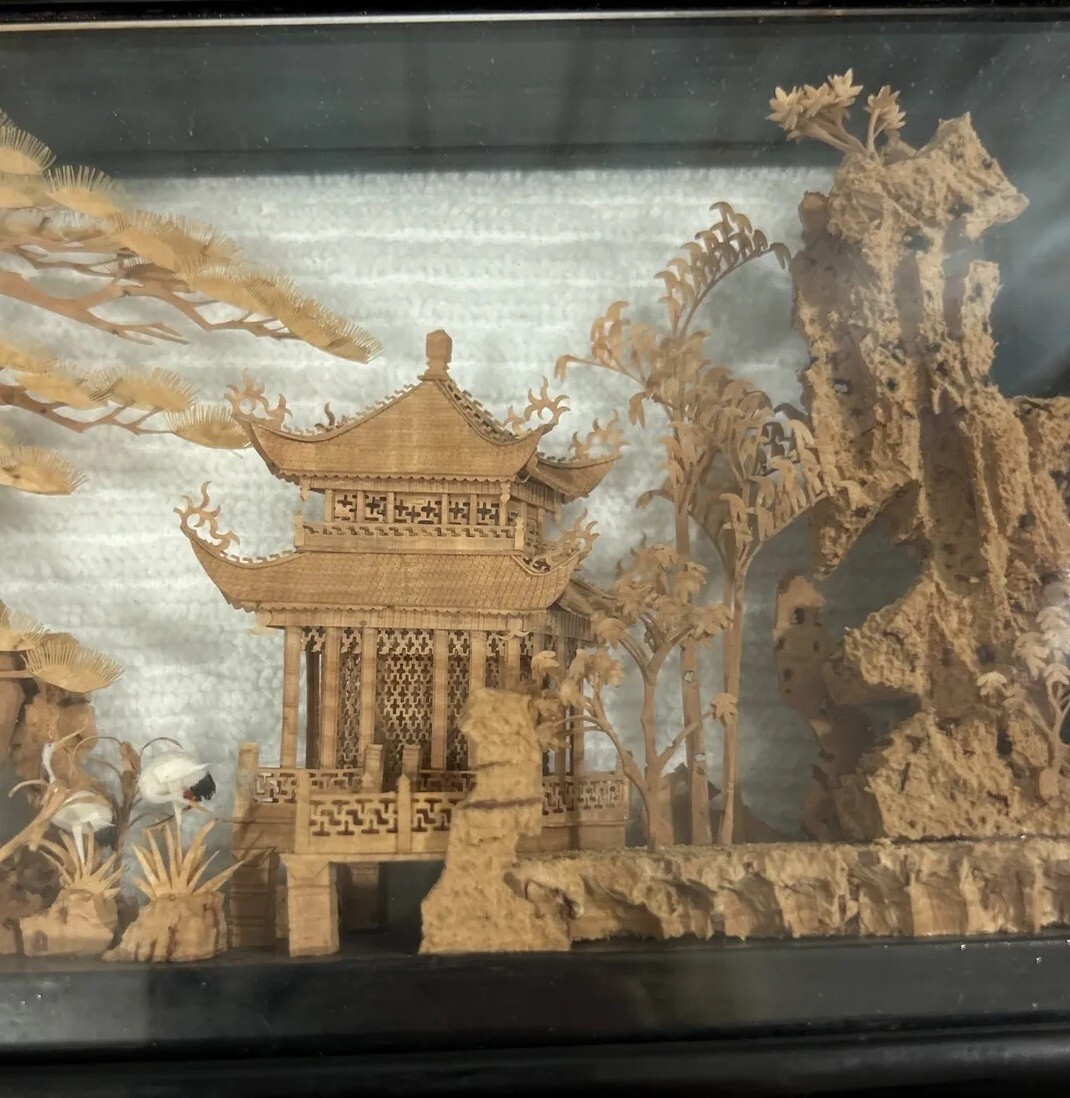 Chinese Carved Cork Art Shadow Box Pagoda Black Wood Frame 7.5”x5”