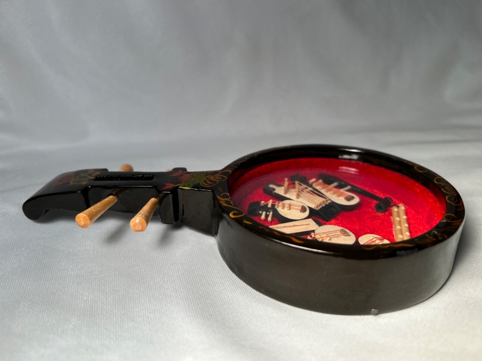 Chinese Black Lacquer Ruin-Shaped Shadow Box 8 Miniature Instruments 8.25″ READ