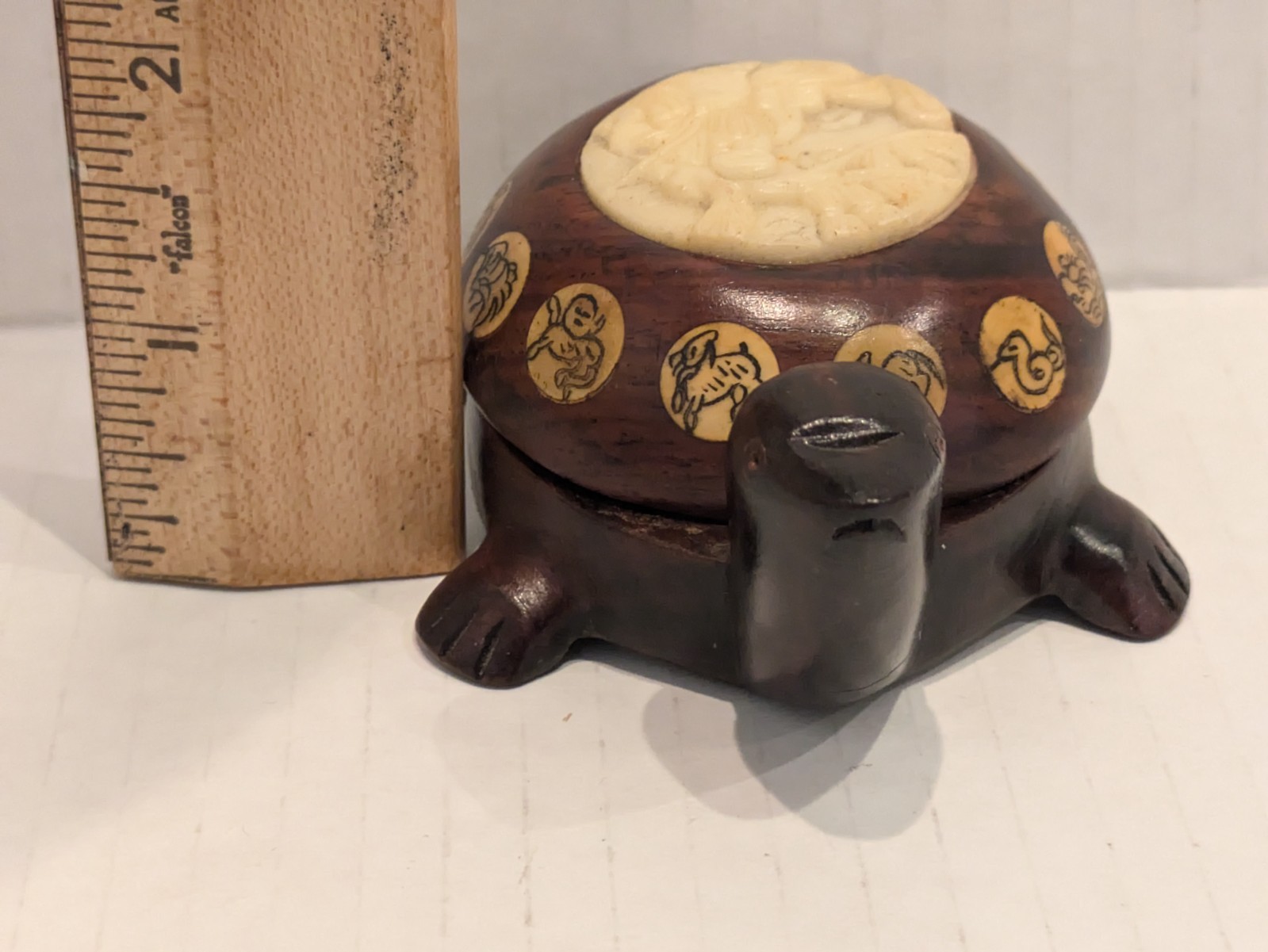 Vintage Carved Wood Turtle with Inlaid Chinese Zodiac Signs Opens to Compass