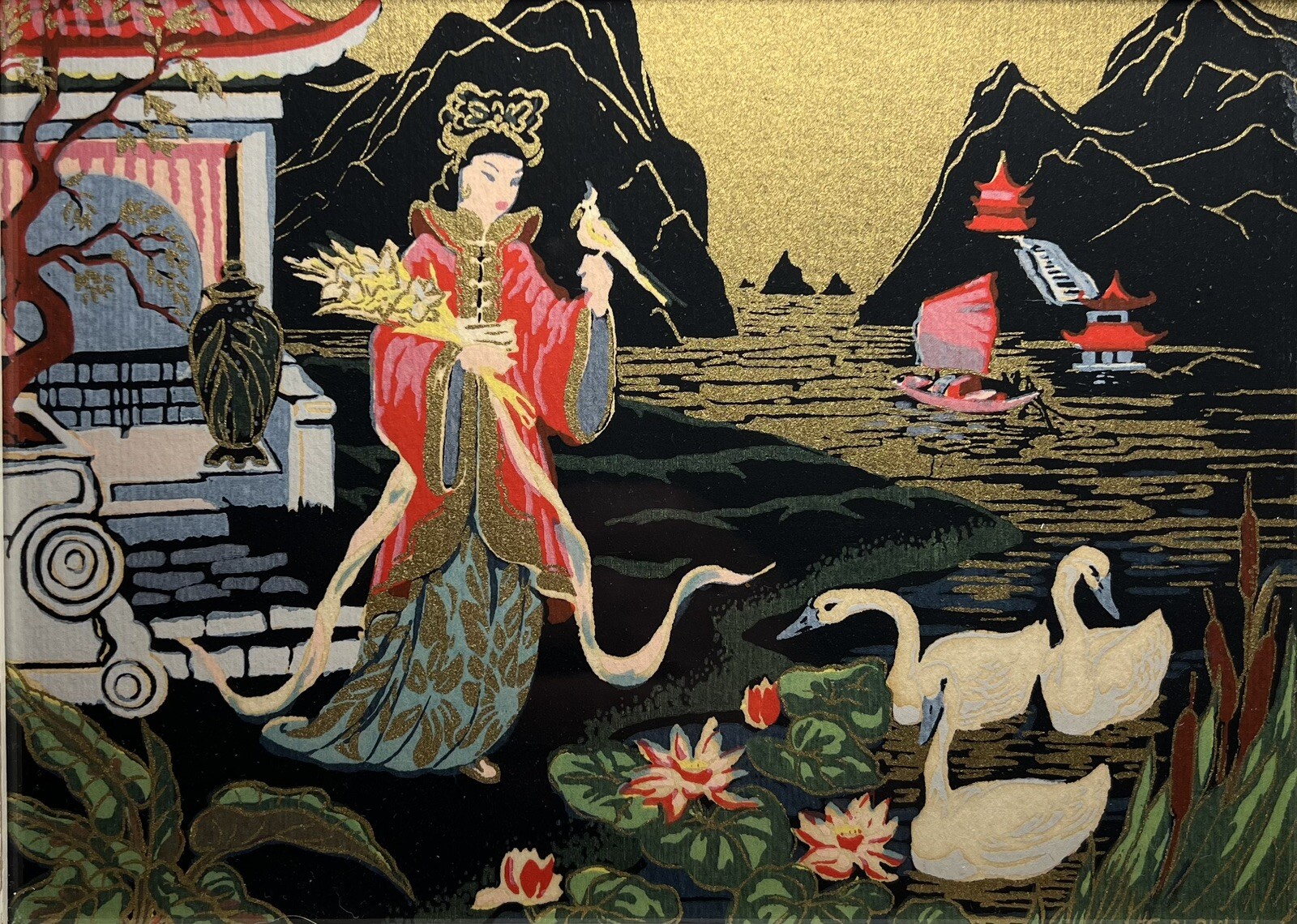 ORGINAL Silk Screen Print by H CALPINI 1950’s Japanese themed ART