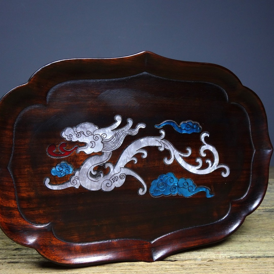 Vintage Sandalwood Inlaid Abalone Dragon Tea Tray Decor 18.5cm