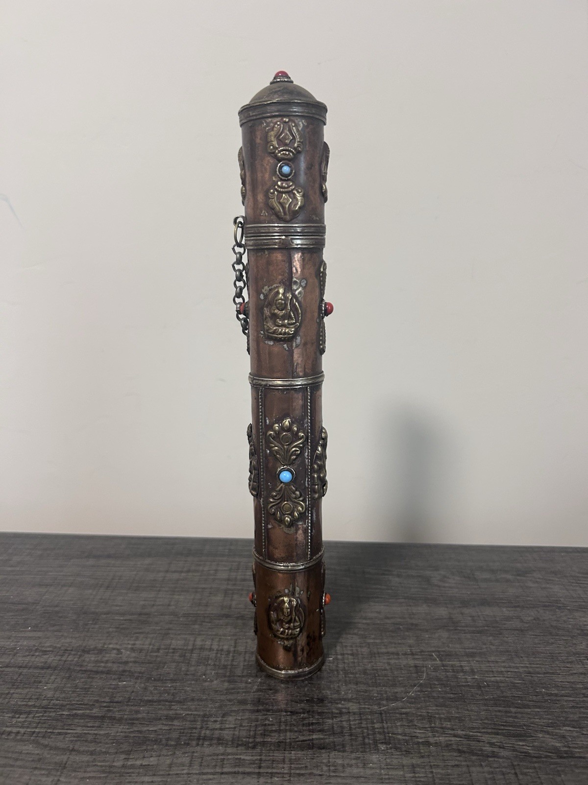 Tibet Copper Inlaid with Green Pine Stone Incense Cylinder -Collectible