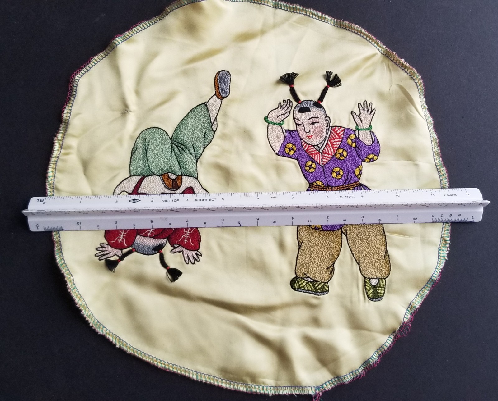 2 Of Chinese Brocade Embroidery Artwork:auspicious kids On Silk 11″ Dia.