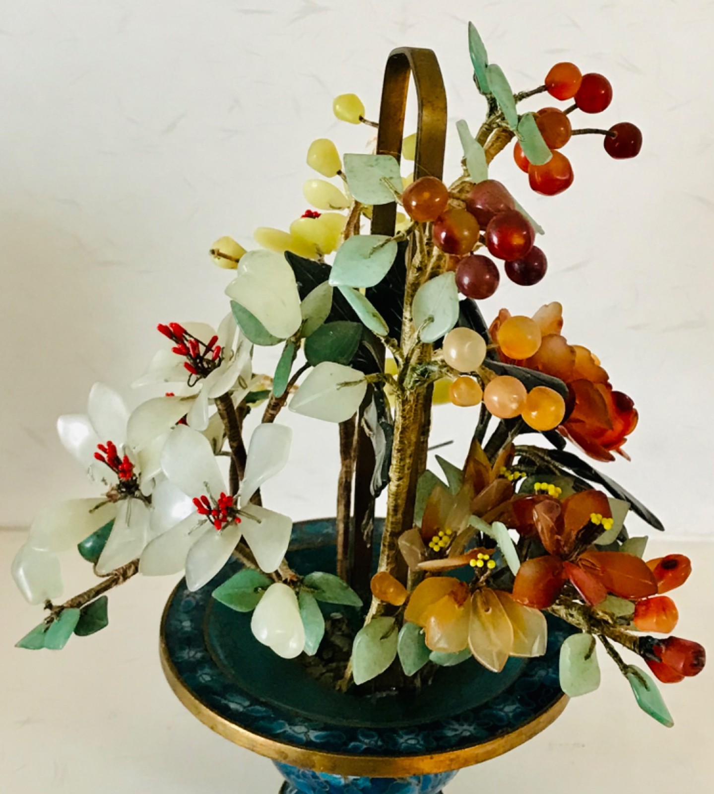 Chinese Cloisonne Jade Tree Flower Basket 8″ Inches Tall
