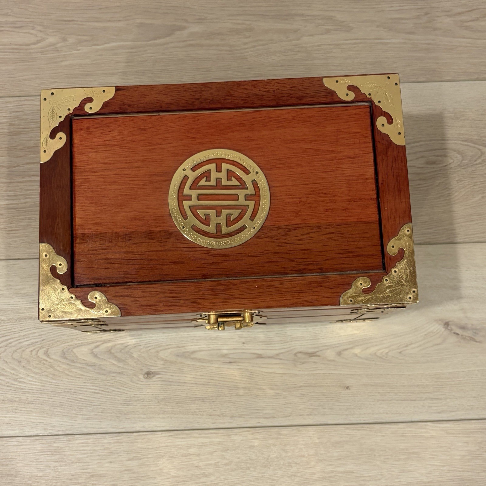Large Chinese Rosewood & Brass 3 Drawer Flip Top Jewelry Box Longevity Symbol