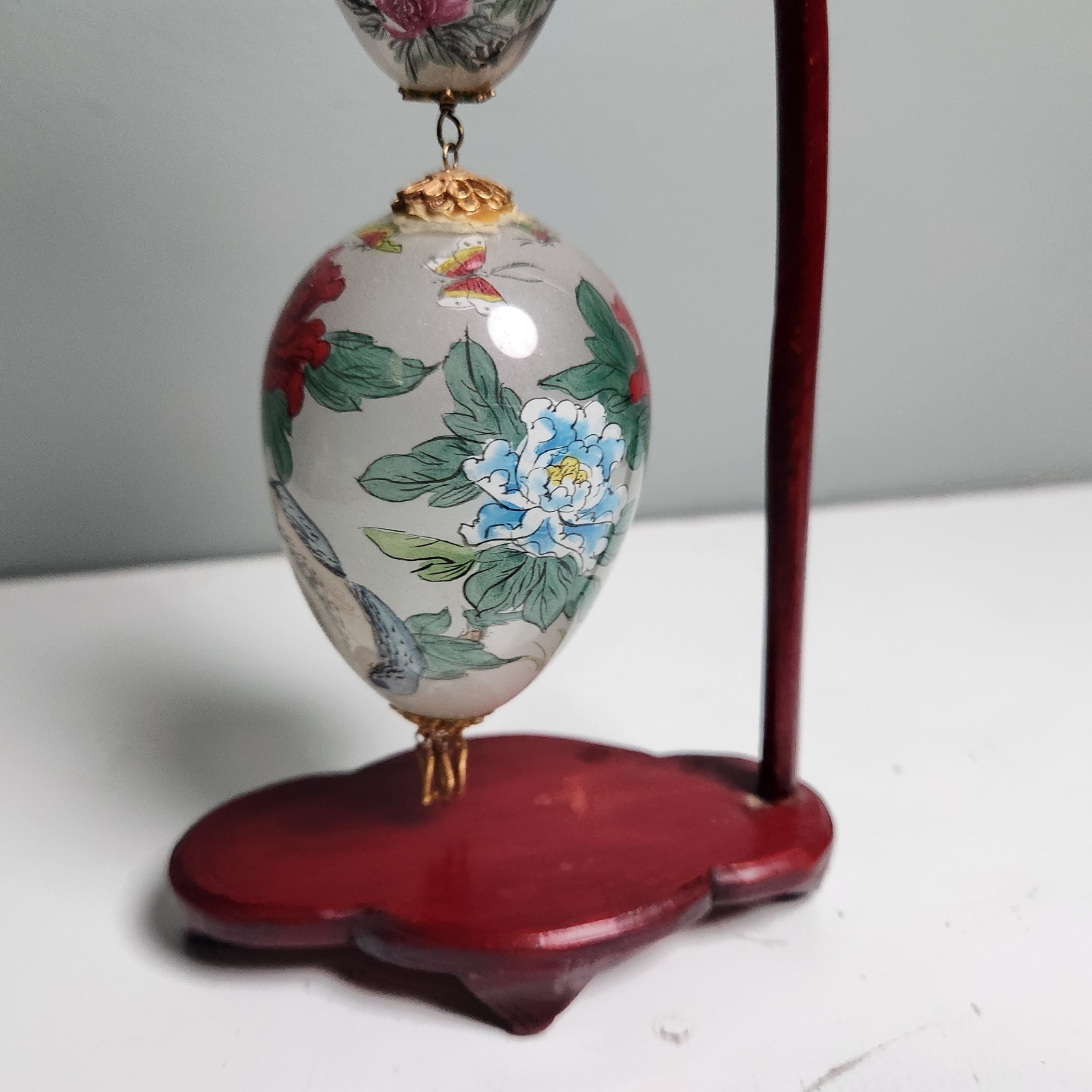Vintage Chinese Reverse Hand Painted Glass Egg Hanging Wood Display