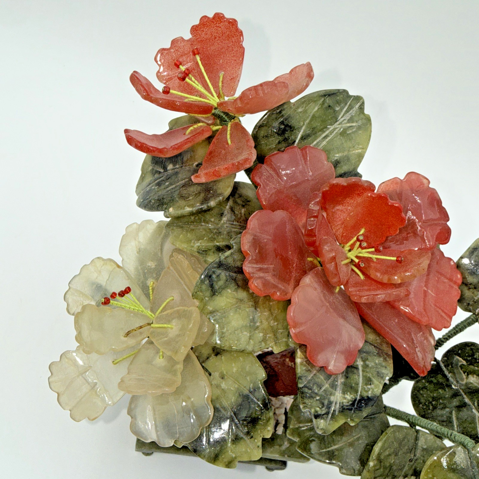 Vintage Chinese Jade Quartz Bonsai Tree Floral In Celadon Pot Carved Flower Tree