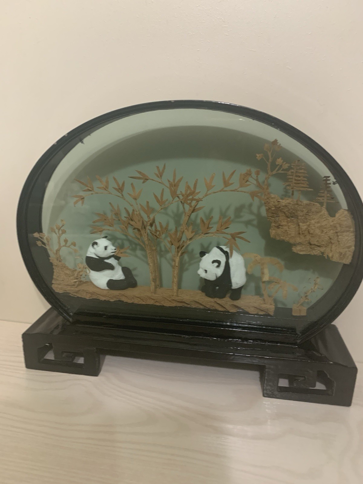 Panda Bear Vintage Collectible San You cork carve Art 3D Diorama in glass frame