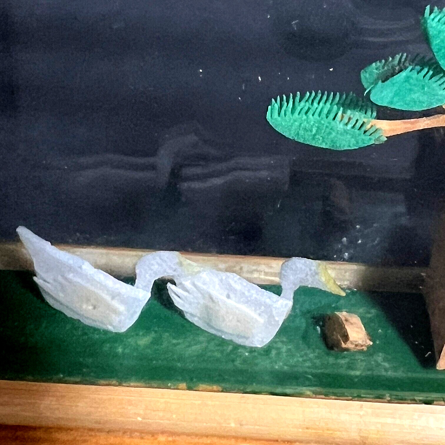 Vtg Small Chinese Carved Cork Diorama Trees Swans Rocks 3D Glass & Bamboo Case