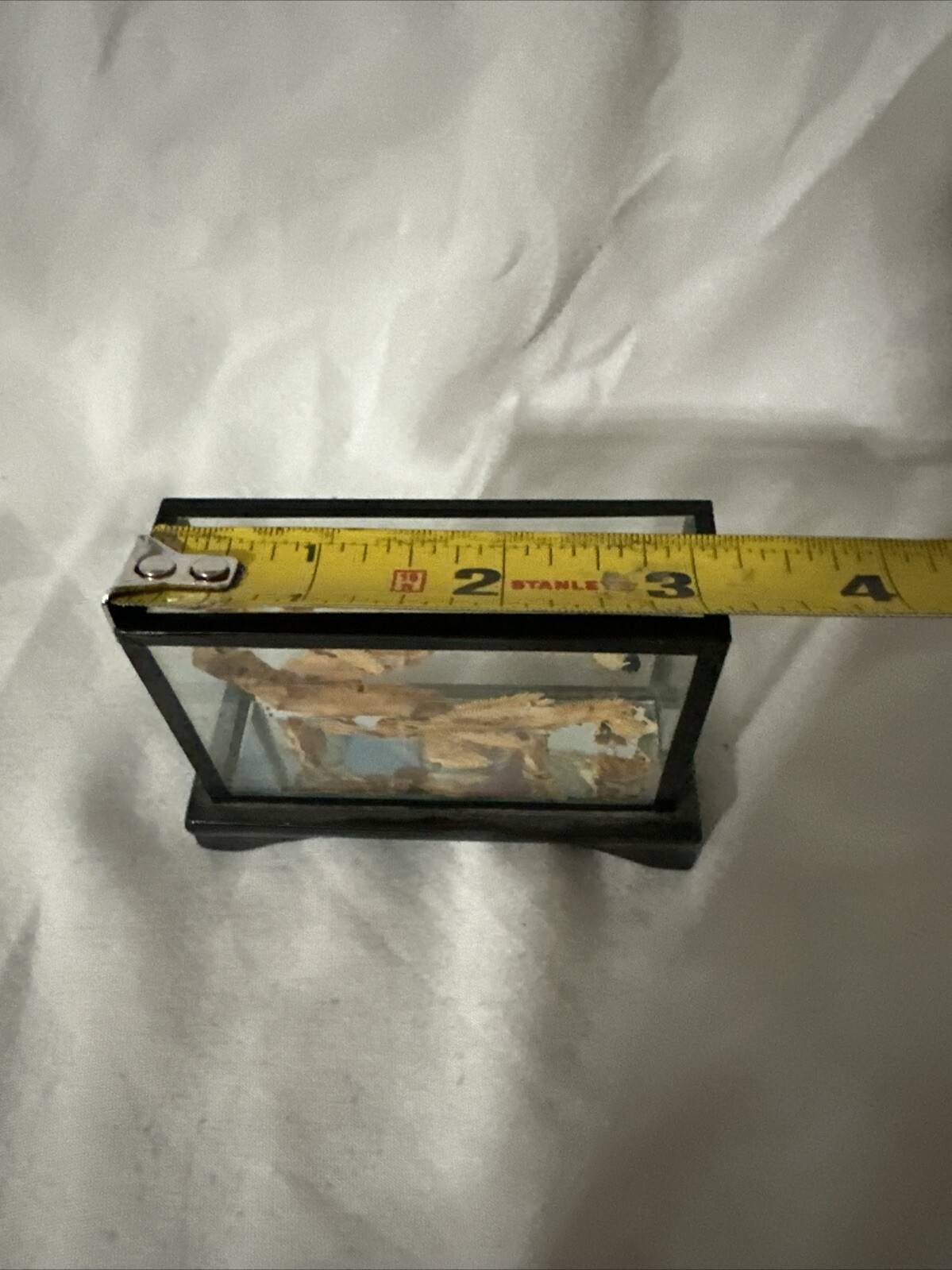 Lacquered Cork Art Small Diorama Hand Carved 3” of Pagoda & Cranes in Black Vtg