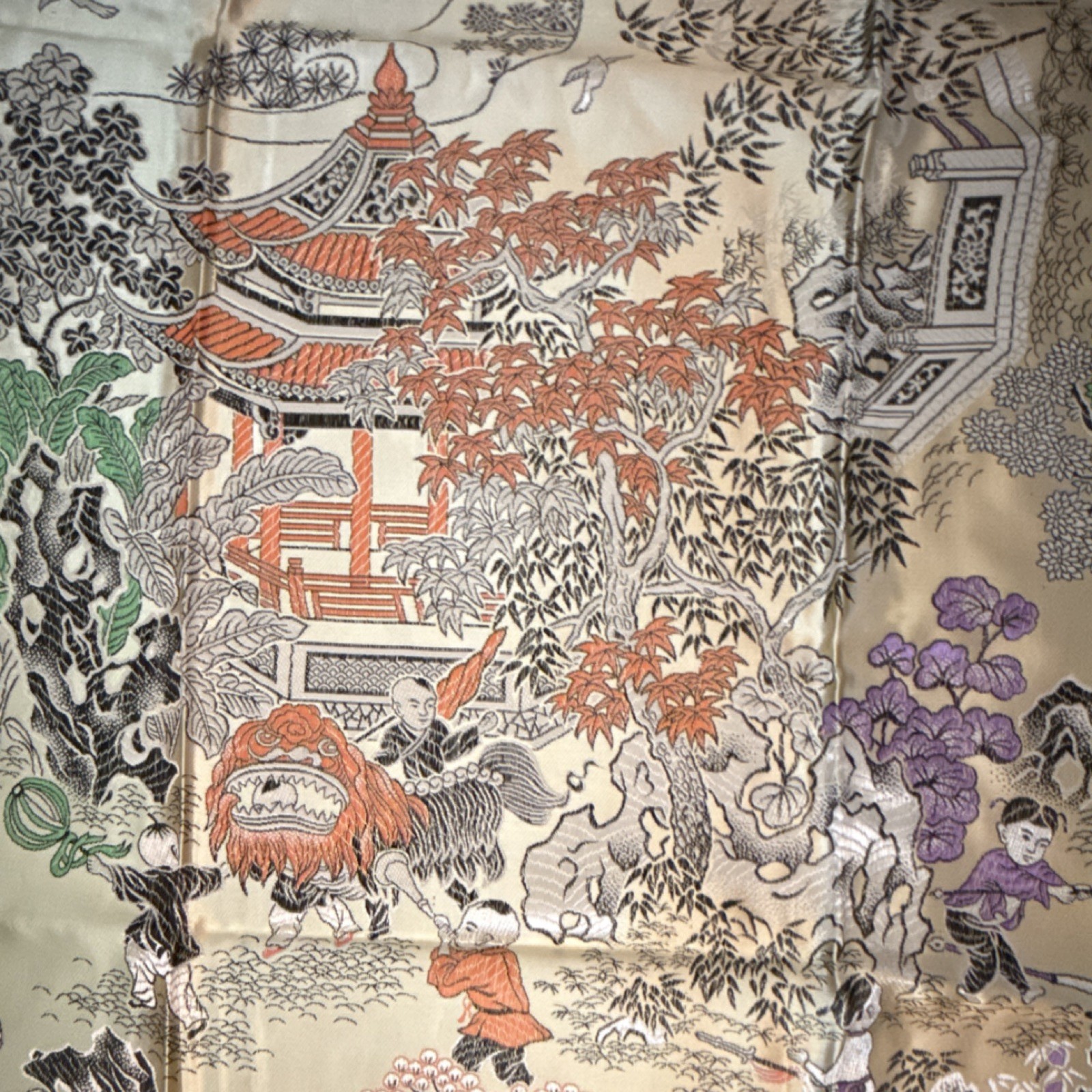 Large Vintage 1970s Chinese Silk Brocade Tablecloth – 58″ x 78″ – Unused NOS